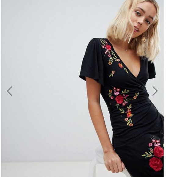 ASOS Embroidered Black Wrap Minidress - Picture 3 of 7
